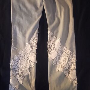 Blue Denim Pants with White Lace Accents